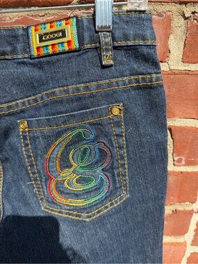 COOGI Womens Dark Blue Jeans with Rainbow Embroidery